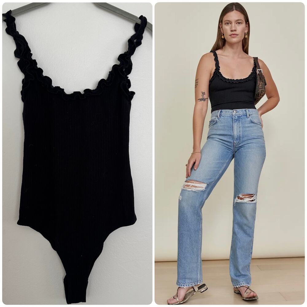Reformation Flute Bodysuit in Black: Ruffle, Scoop Neckline, Low Scoop Back
